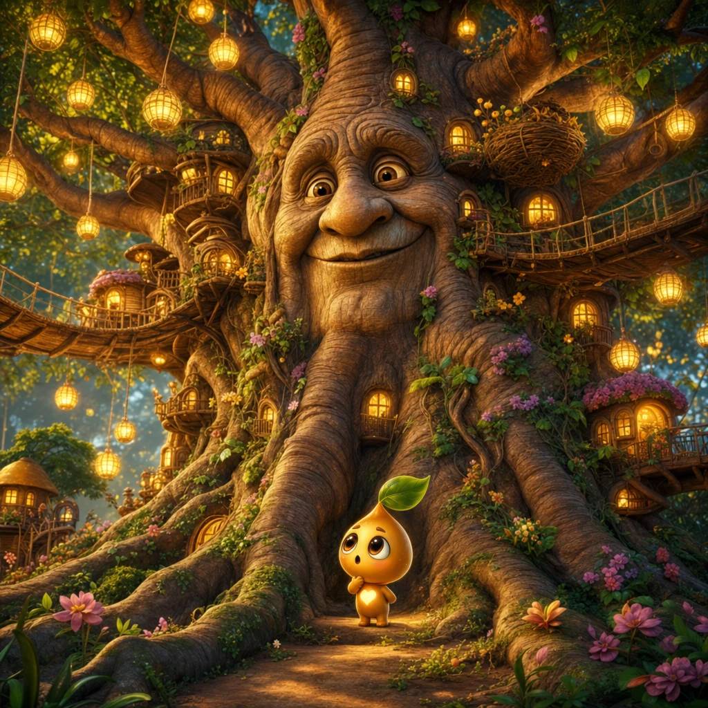 Little golden Sap stands beneath Baba Baobab, a friendly tree filled with glowing lanterns and treehouses