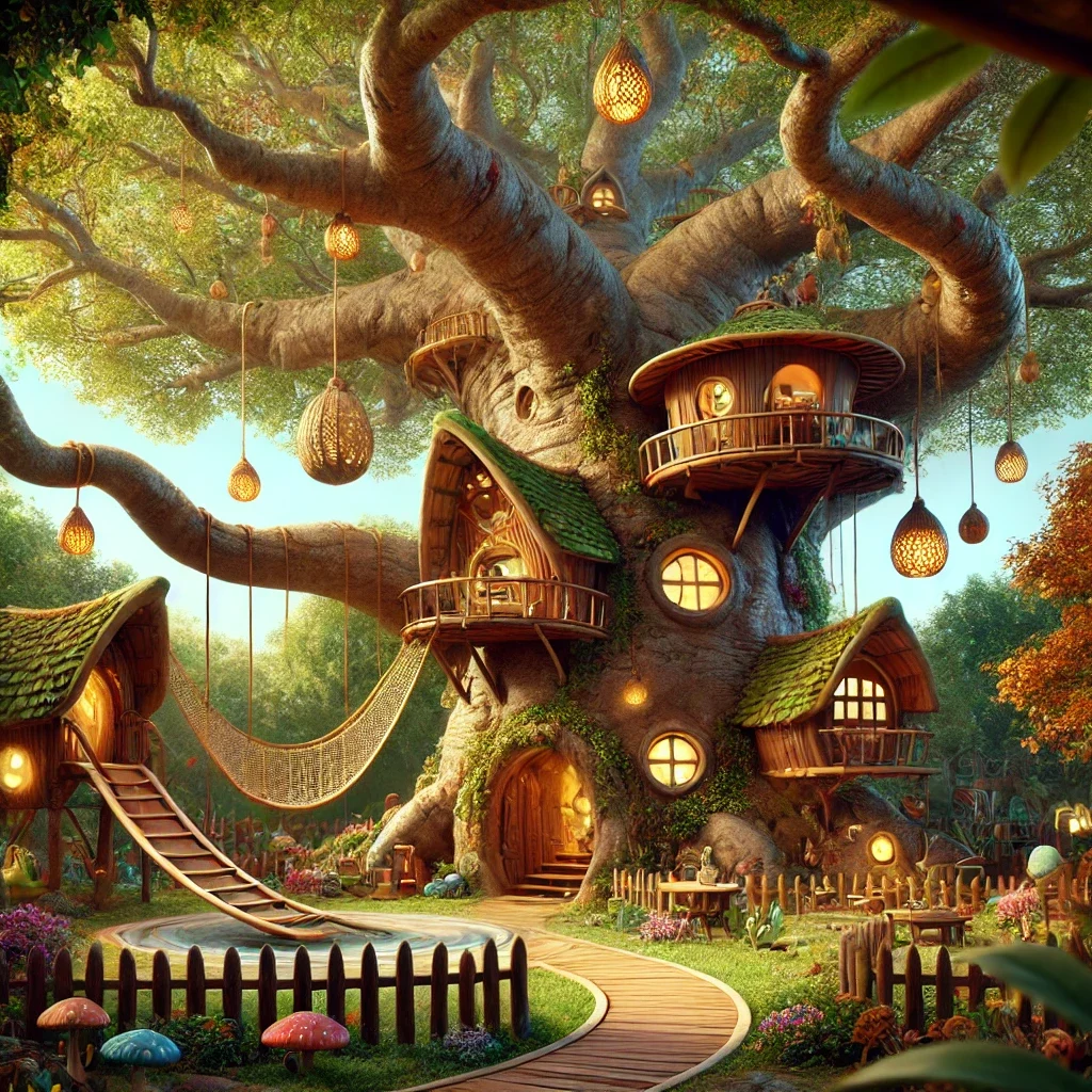 Cozy wooden treehouses nestled in a lantern-lit Baobab tree